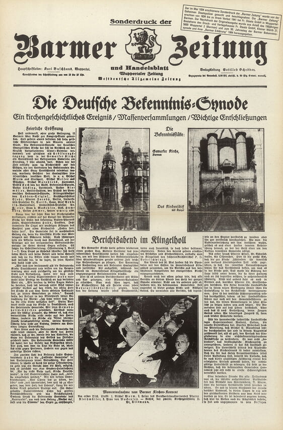 Berichterstattung über die Barmer Synode von 1934 (Zeitungsausschnitt)